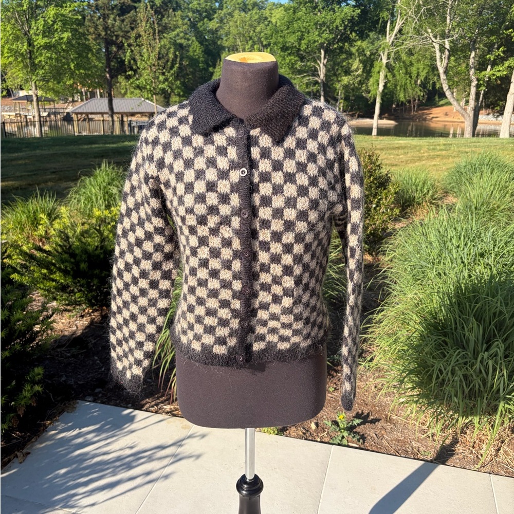 Vintage Paul Harris Design Mohair Checkerboard Cardigan Sweater Small 90s Fuzzy
